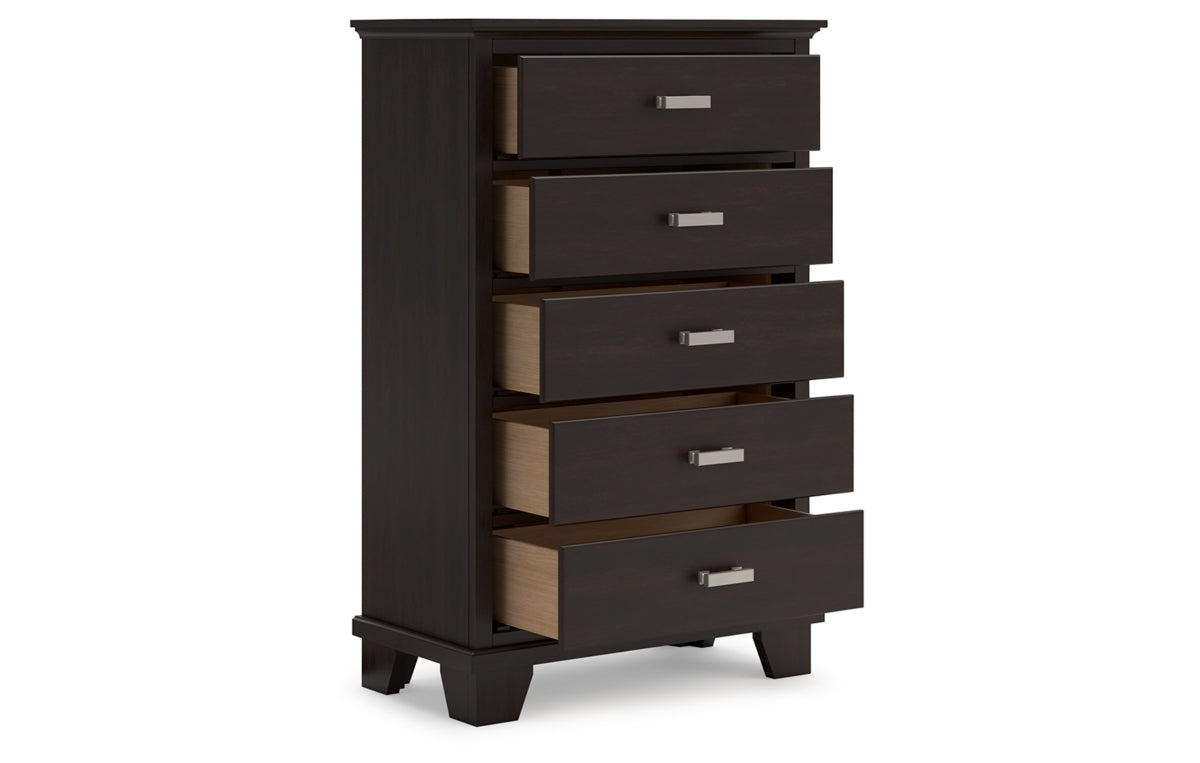 Covetown Queen Panel Bed with Mirrored Dresser, Chest and Nightstand