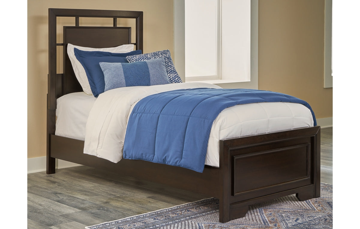 Covetown Twin Panel Bed with Mirrored Dresser, Chest and Nightstand