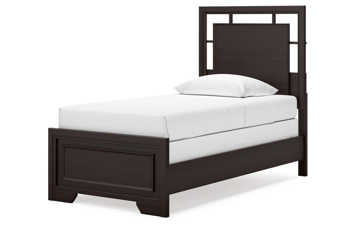 Covetown Twin Panel Bed with Mirrored Dresser, Chest and Nightstand
