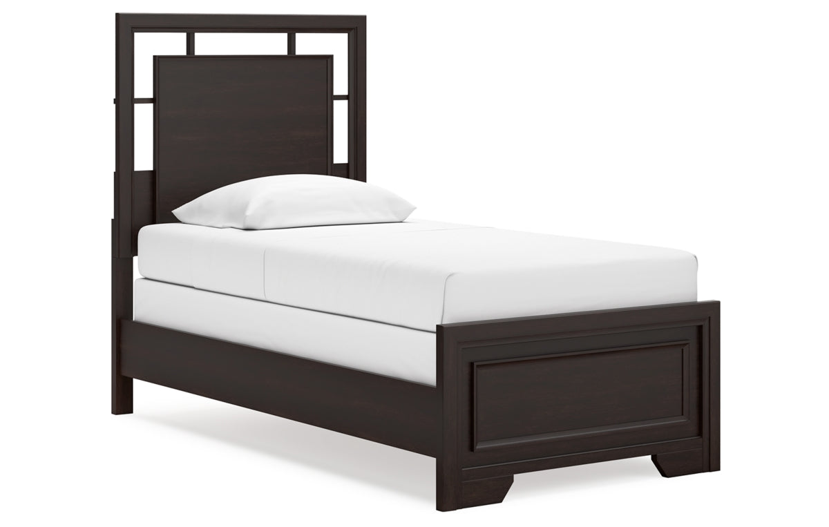 Covetown Twin Panel Bed with Mirrored Dresser, Chest and Nightstand