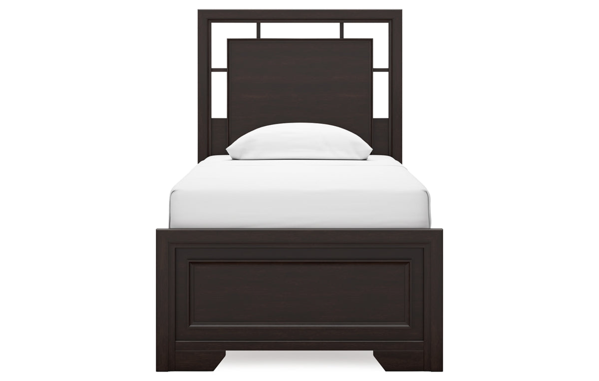 Covetown Twin Panel Bed with Mirrored Dresser, Chest and Nightstand