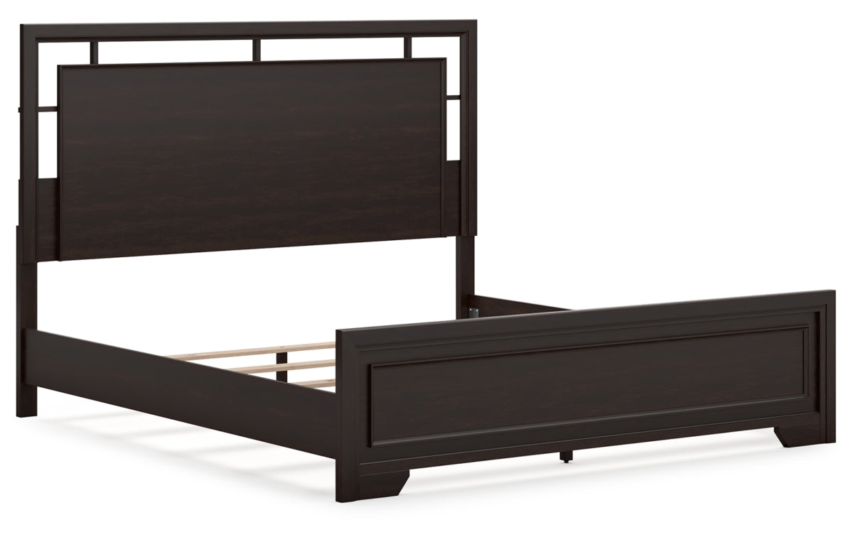 Covetown King Panel Bed with Mirrored Dresser, Chest and Nightstand
