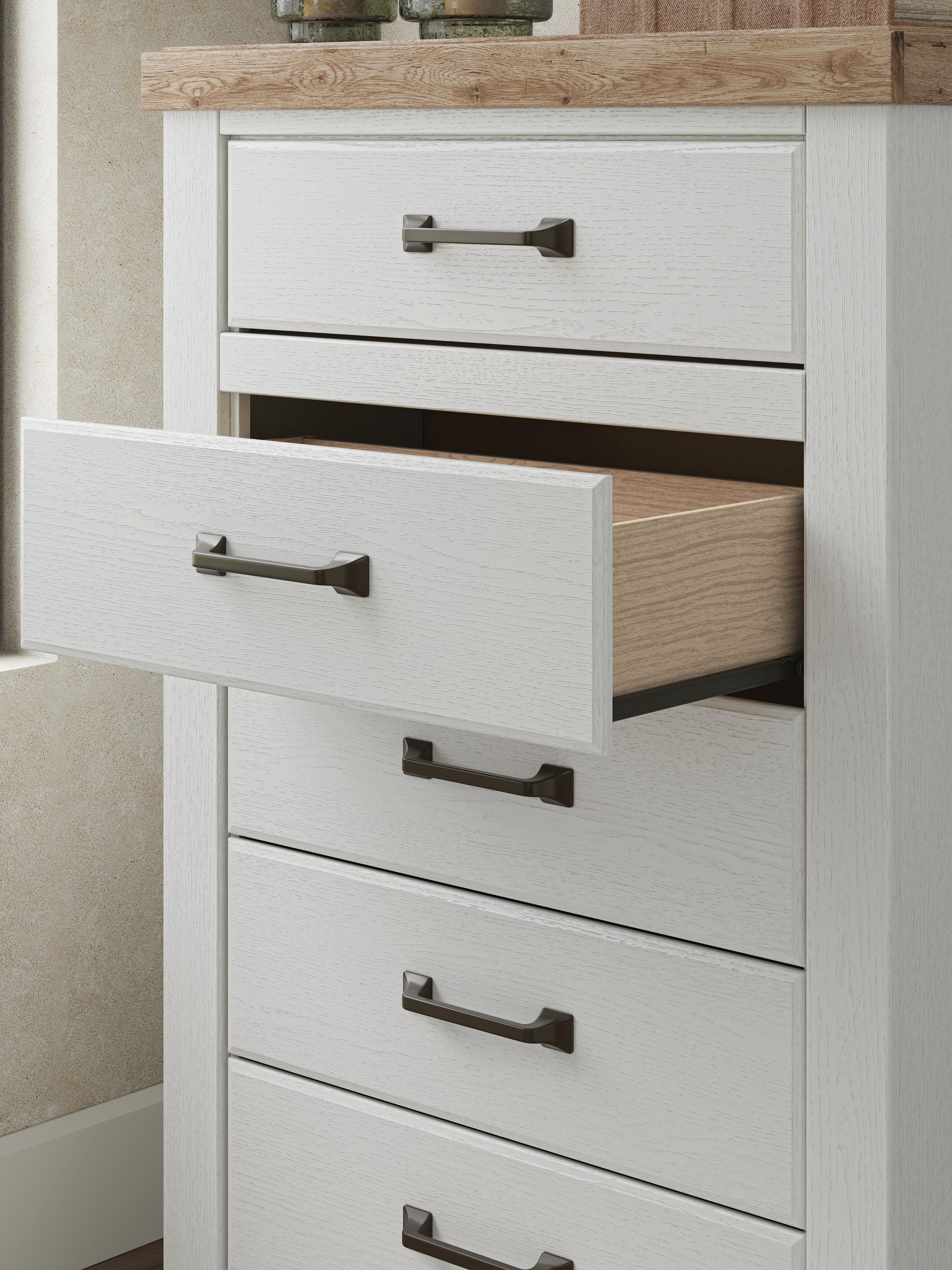 Savonport King Panel Bed with Storage, Dresser, Mirror and Chest