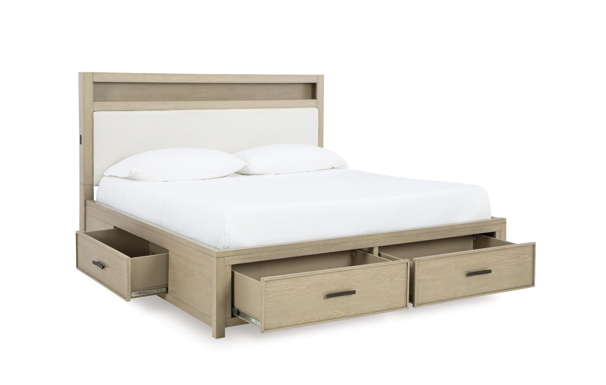 Calmoro Queen Bookcase Bed with Mirrored Dresser