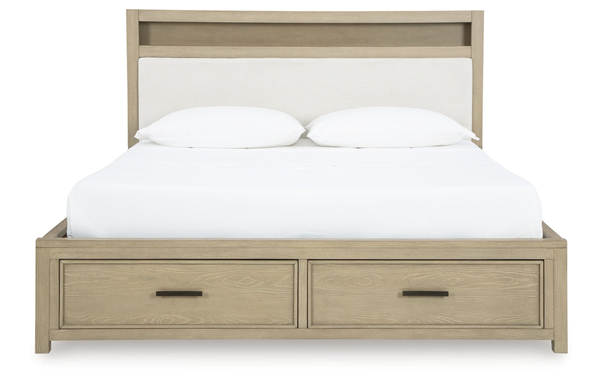 Calmoro King Bookcase Bed with Mirrored Dresser and Nightstand
