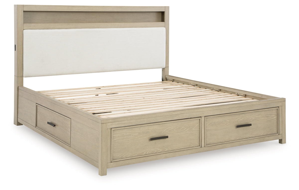 Calmoro California King Bookcase Bed with Mirrored Dresser and Nightstand