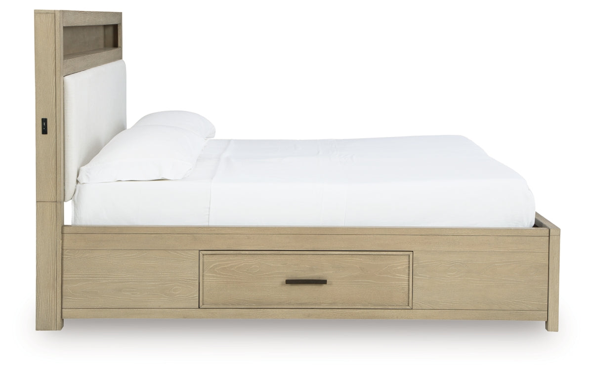 Calmoro King Bookcase Bed with Mirrored Dresser and Nightstand