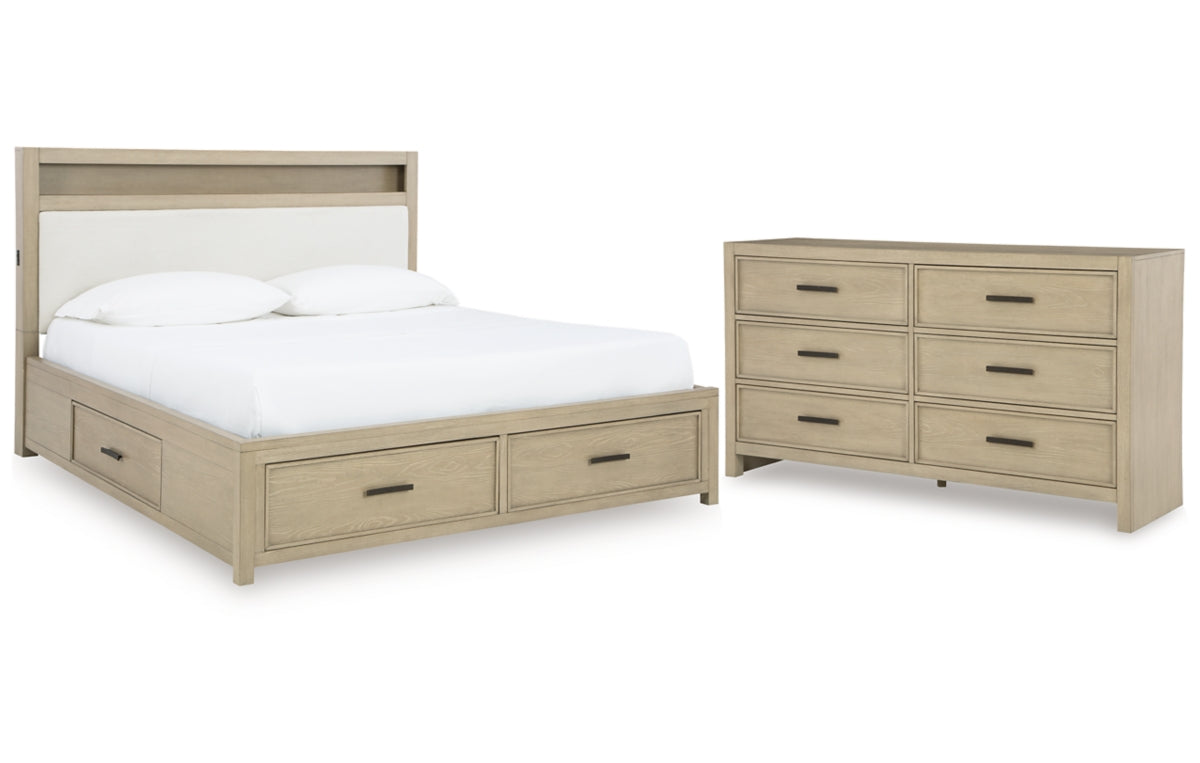 Calmoro King Bookcase Bed with Mirrored Dresser