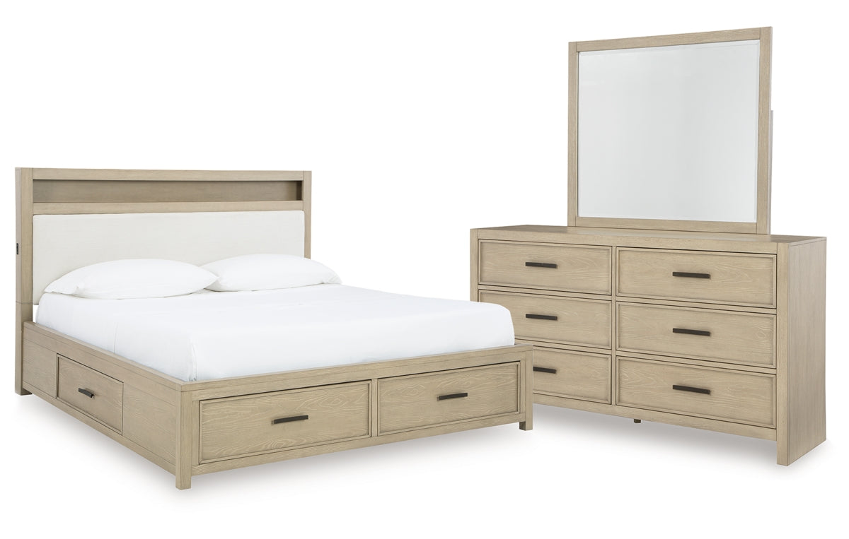 Calmoro California King Bookcase Bed with Mirrored Dresser