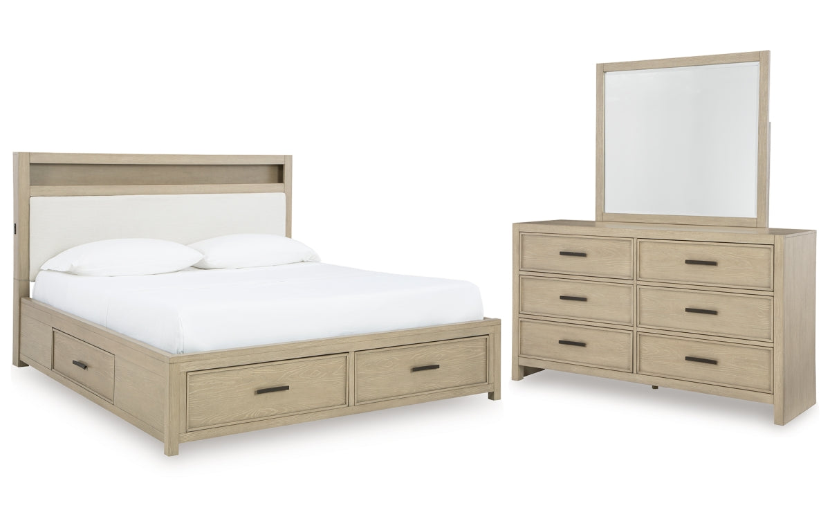 Calmoro Queen Bookcase Bed with Mirrored Dresser