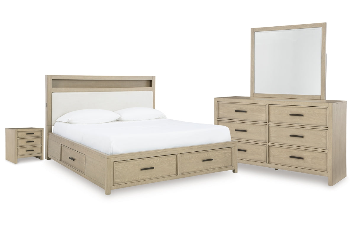 Calmoro King Bookcase Bed with Mirrored Dresser and Nightstand