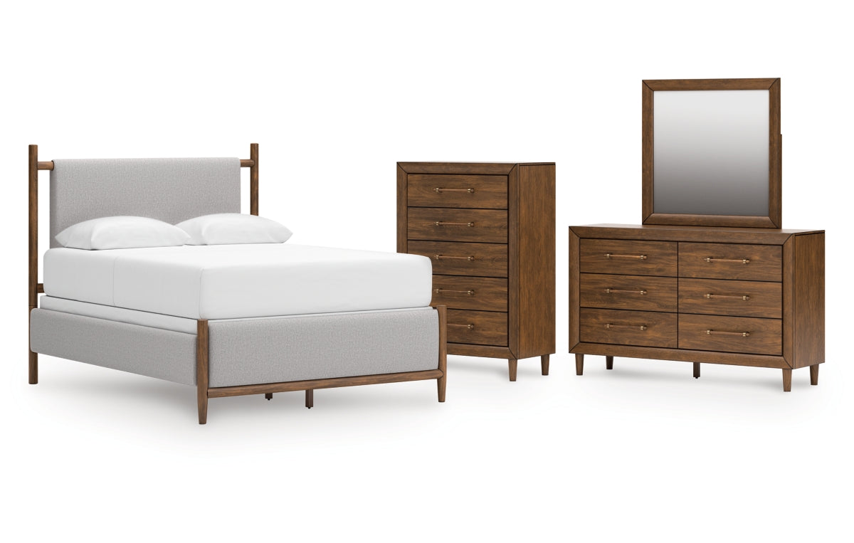 Lyncott Queen Upholstered Bed with Mirrored Dresser and Chest