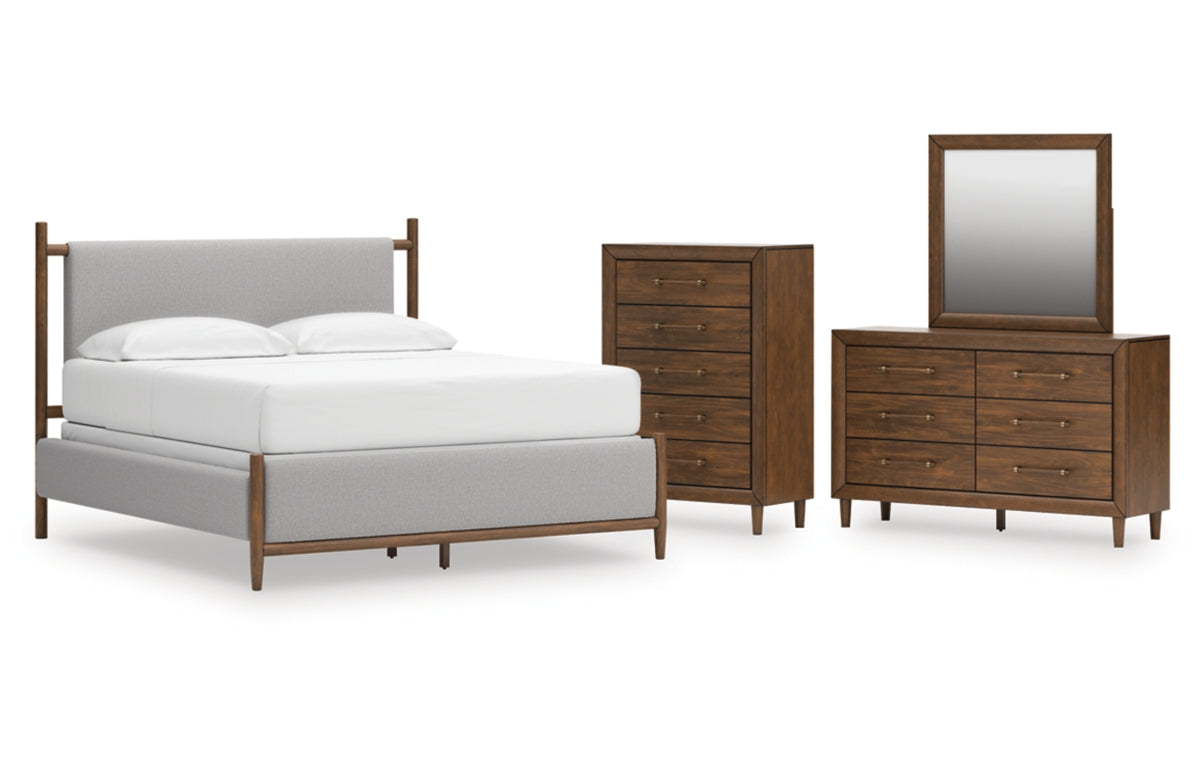 Lyncott California King Upholstered Bed, Dresser, Mirror and Chest