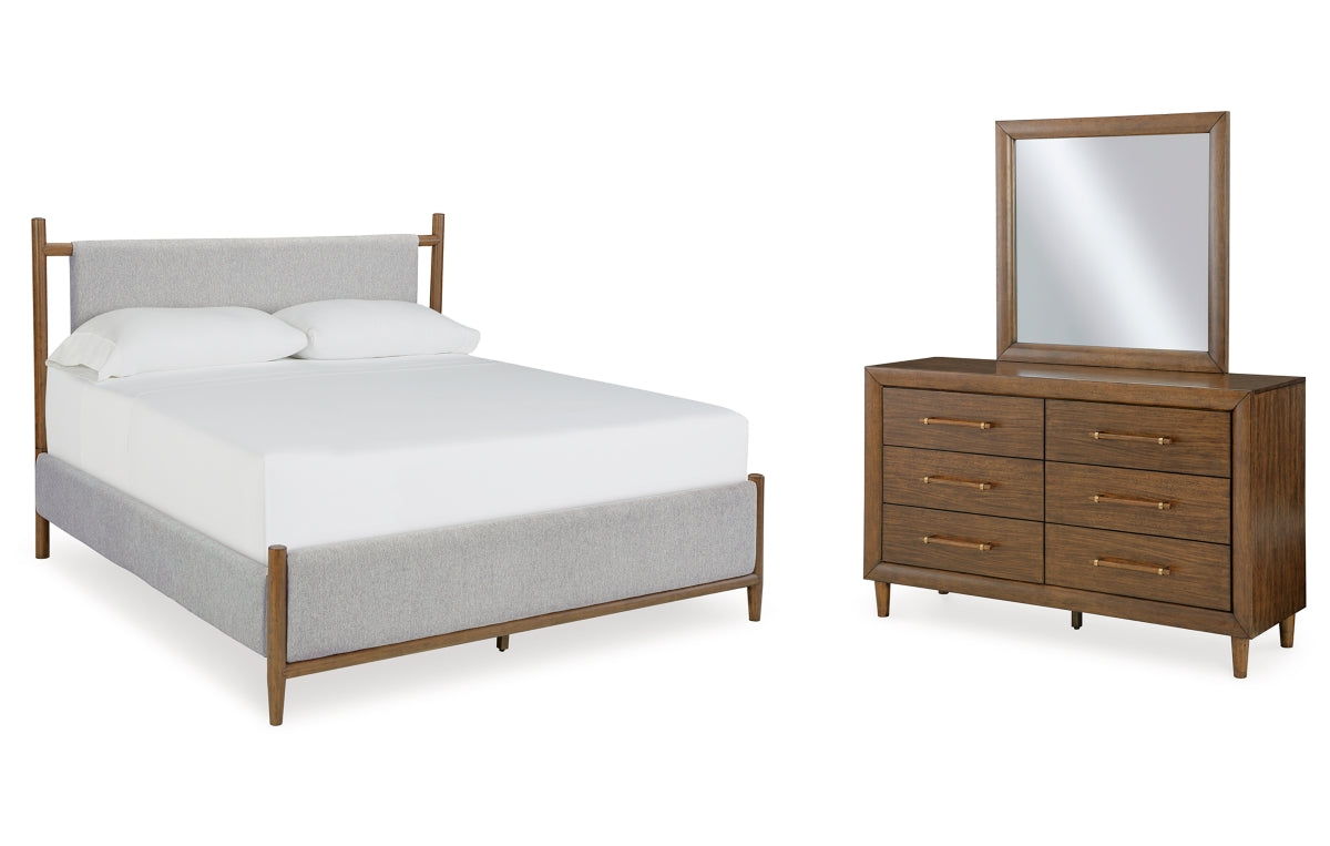 Lyncott California King Upholstered Bed with Mirrored Dresser