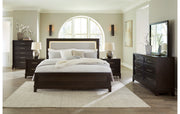 Neymorton California King Upholstered Panel Bed with Mirrored Dresser, Chest and Nightstand