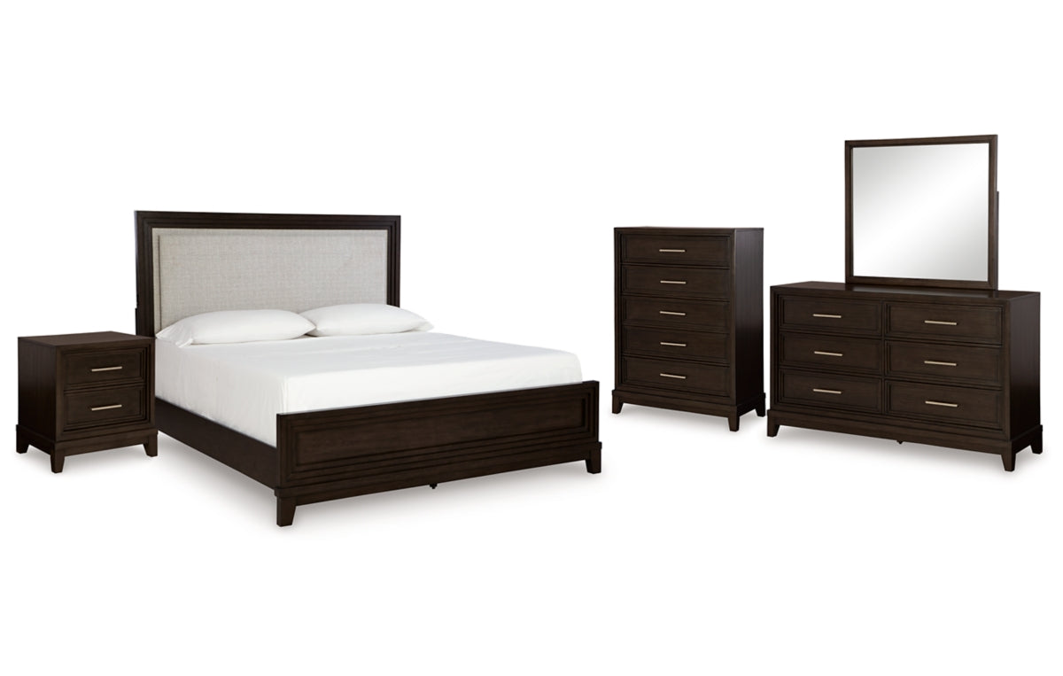 Neymorton California King Upholstered Panel Bed with Mirrored Dresser, Chest and Nightstand