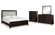 Neymorton California King Upholstered Panel Bed with Mirrored Dresser and Chest