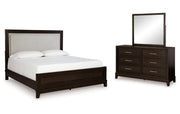 Neymorton King Upholstered Panel Bed with Mirrored Dresser