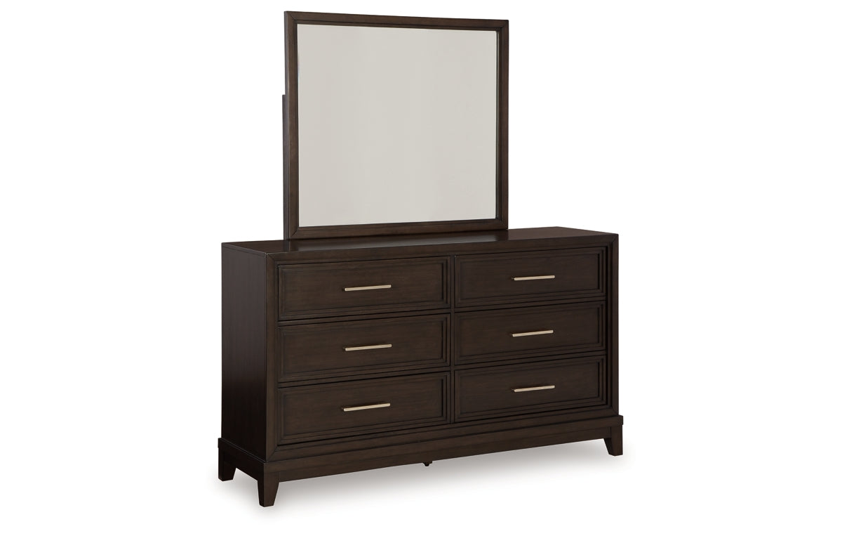 Neymorton California King Upholstered Panel Bed with Mirrored Dresser and Nightstand