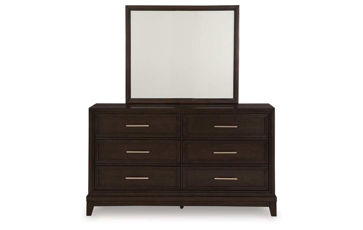 Neymorton California King Upholstered Panel Bed with Mirrored Dresser and Nightstand
