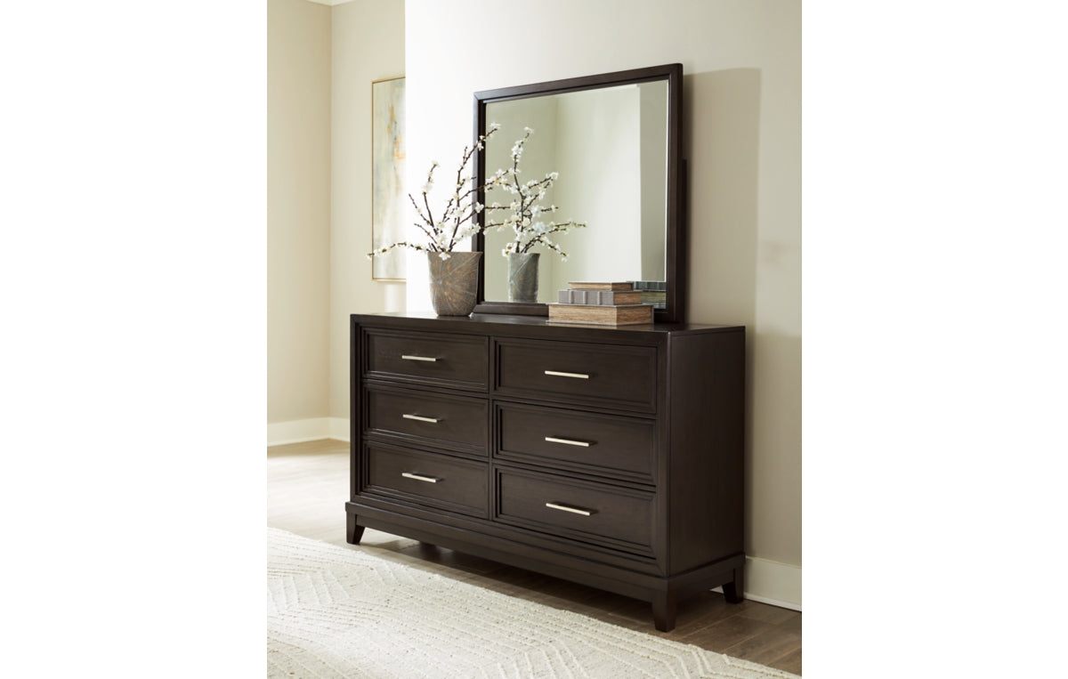 Neymorton California King Upholstered Panel Bed with Mirrored Dresser, Chest and Nightstand