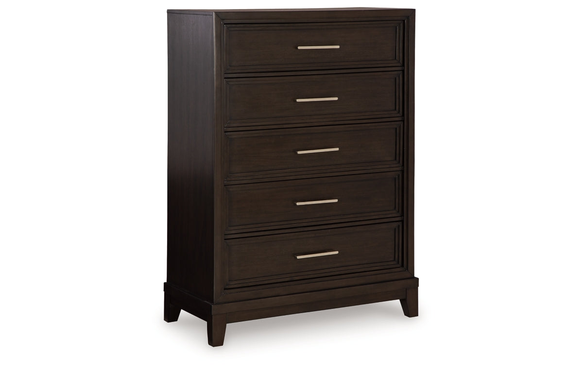 Neymorton California King Upholstered Panel Bed with Mirrored Dresser and Chest