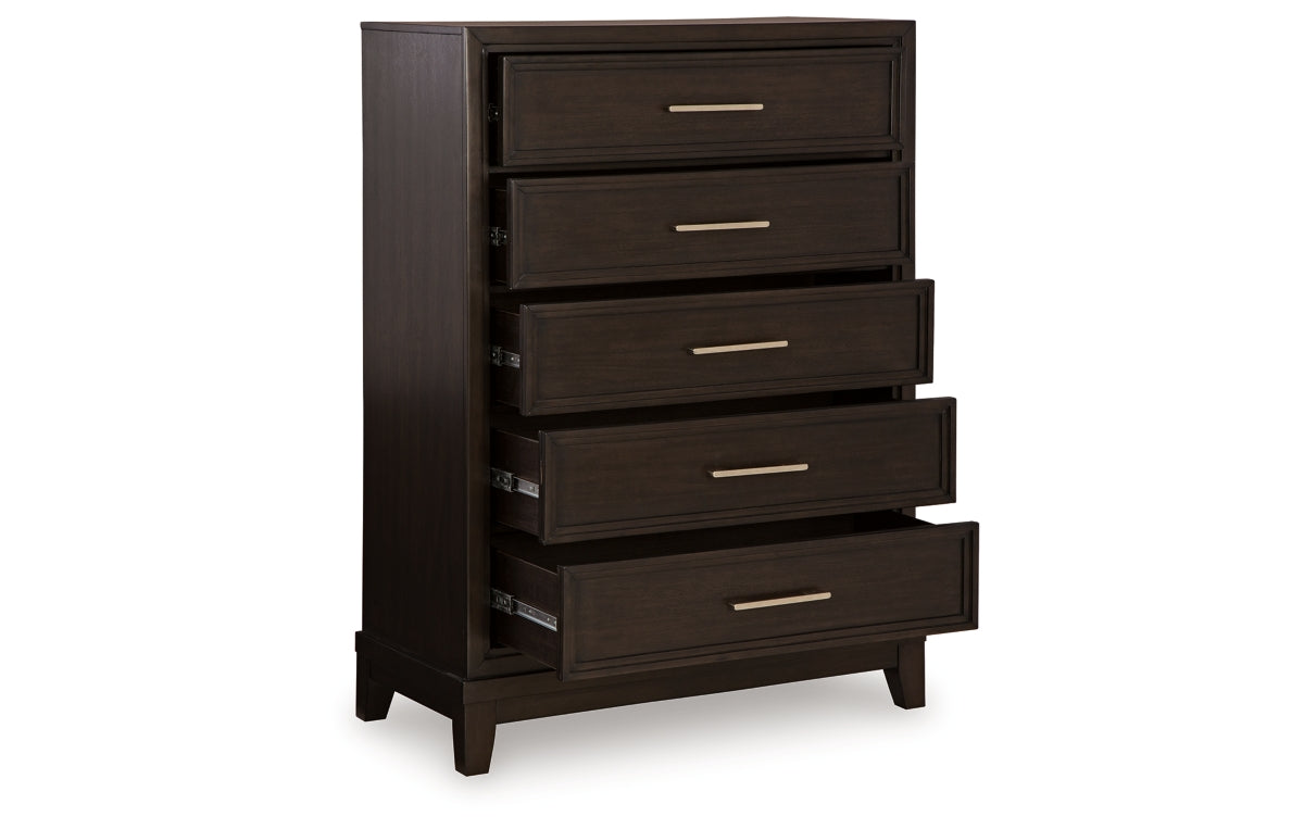 Neymorton California King Upholstered Panel Bed with Mirrored Dresser, Chest and Nightstand