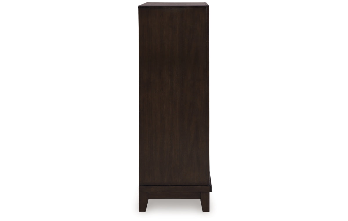 Neymorton California King Upholstered Panel Bed with Mirrored Dresser, Chest and Nightstand