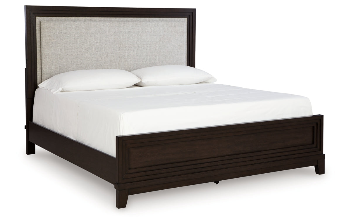Neymorton California King Upholstered Panel Bed with Mirrored Dresser, Chest and Nightstand