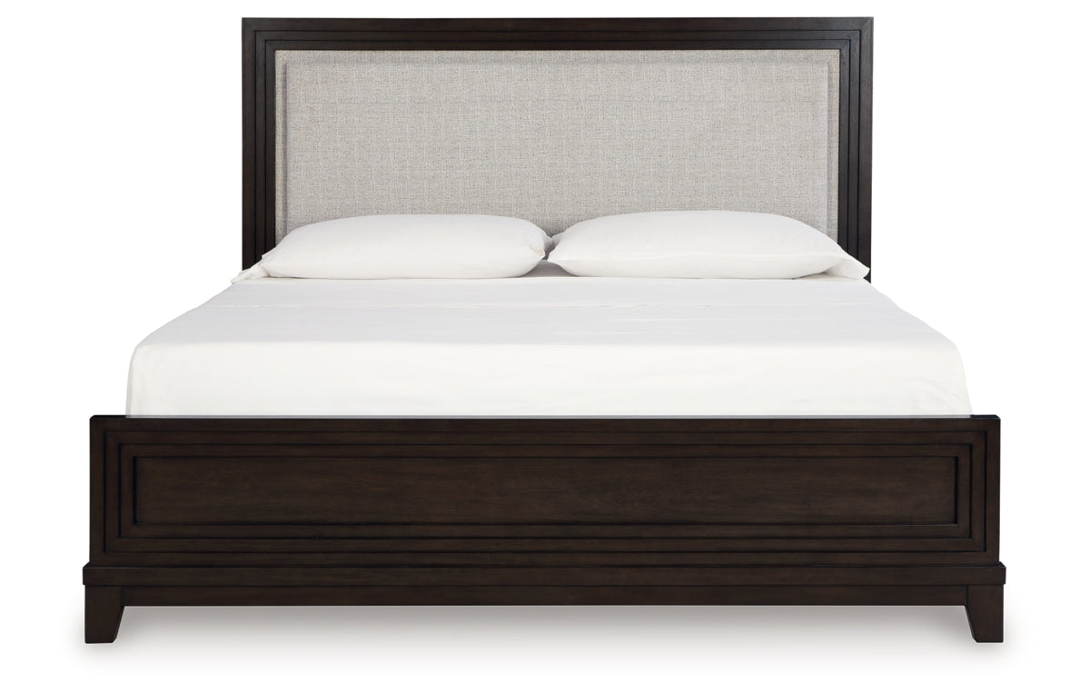 Neymorton California King Upholstered Panel Bed with Mirrored Dresser and Nightstand