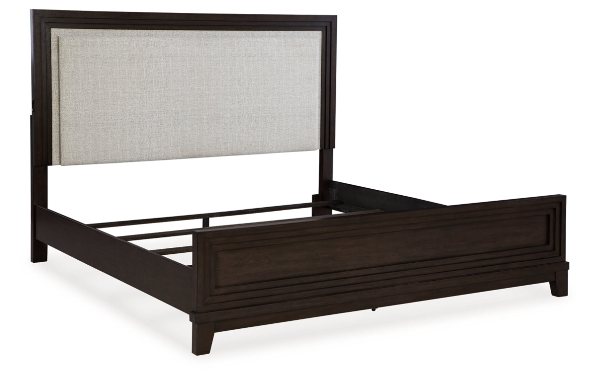 Neymorton California King Upholstered Panel Bed with Mirrored Dresser and Nightstand