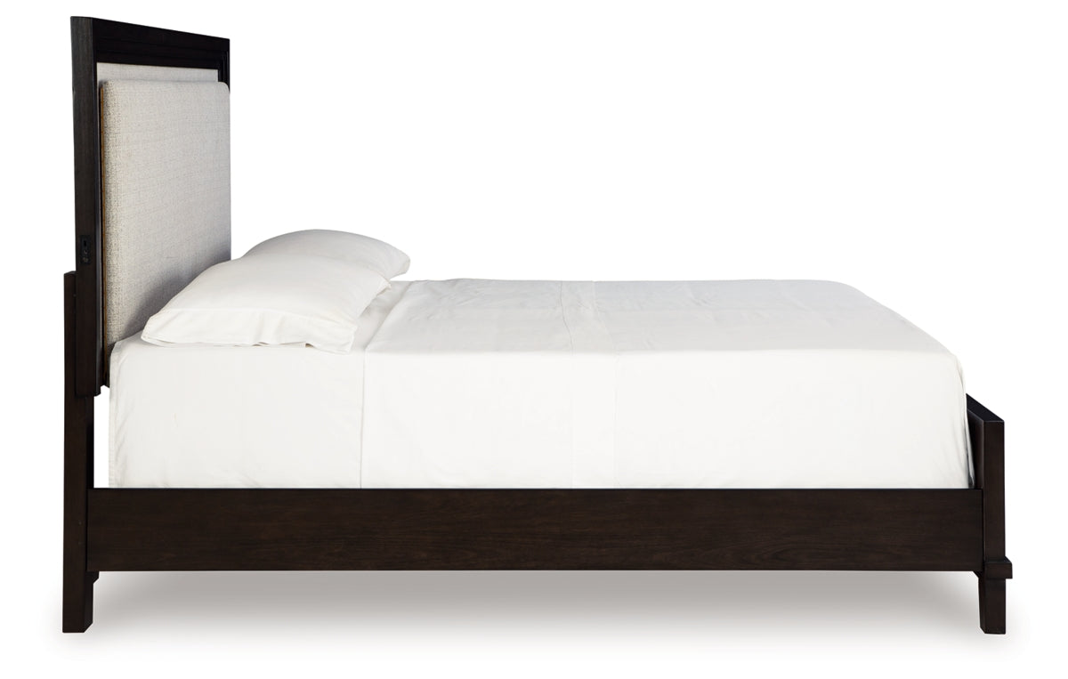 Neymorton California King Upholstered Panel Bed with Mirrored Dresser, Chest and Nightstand