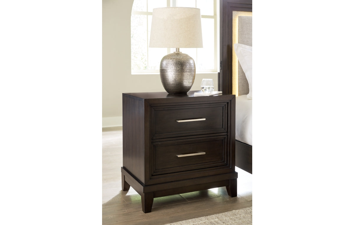 Neymorton California King Upholstered Panel Bed with Mirrored Dresser and Nightstand