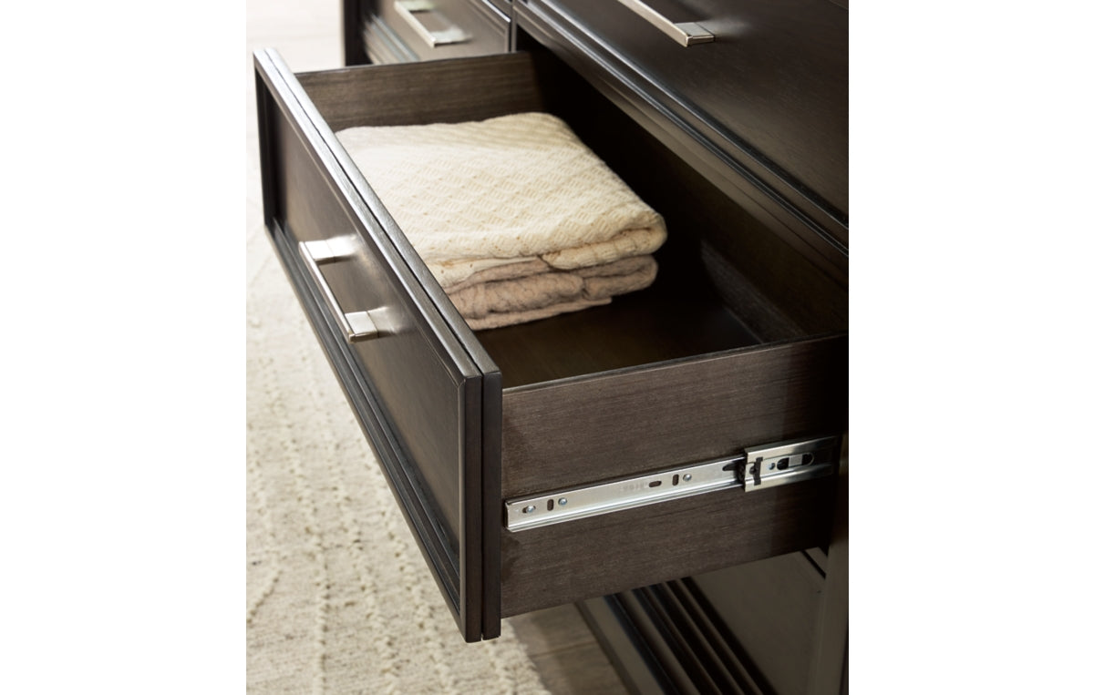 Neymorton California King Upholstered Panel Bed with Mirrored Dresser and Nightstand