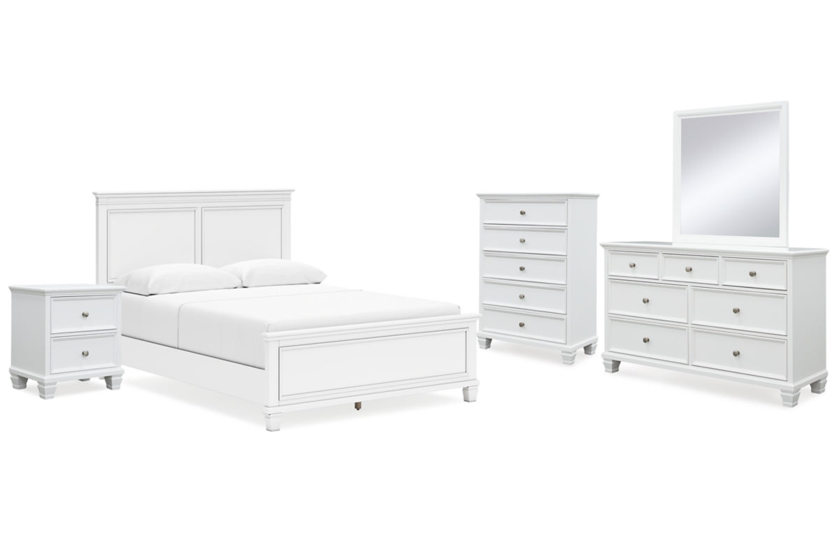 Fortman Queen Panel Bed with Mirrored Dresser, Chest and Nightstand