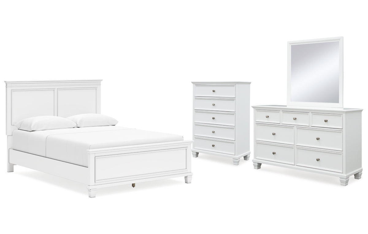 Fortman Queen Panel Bed with Mirrored Dresser and Chest