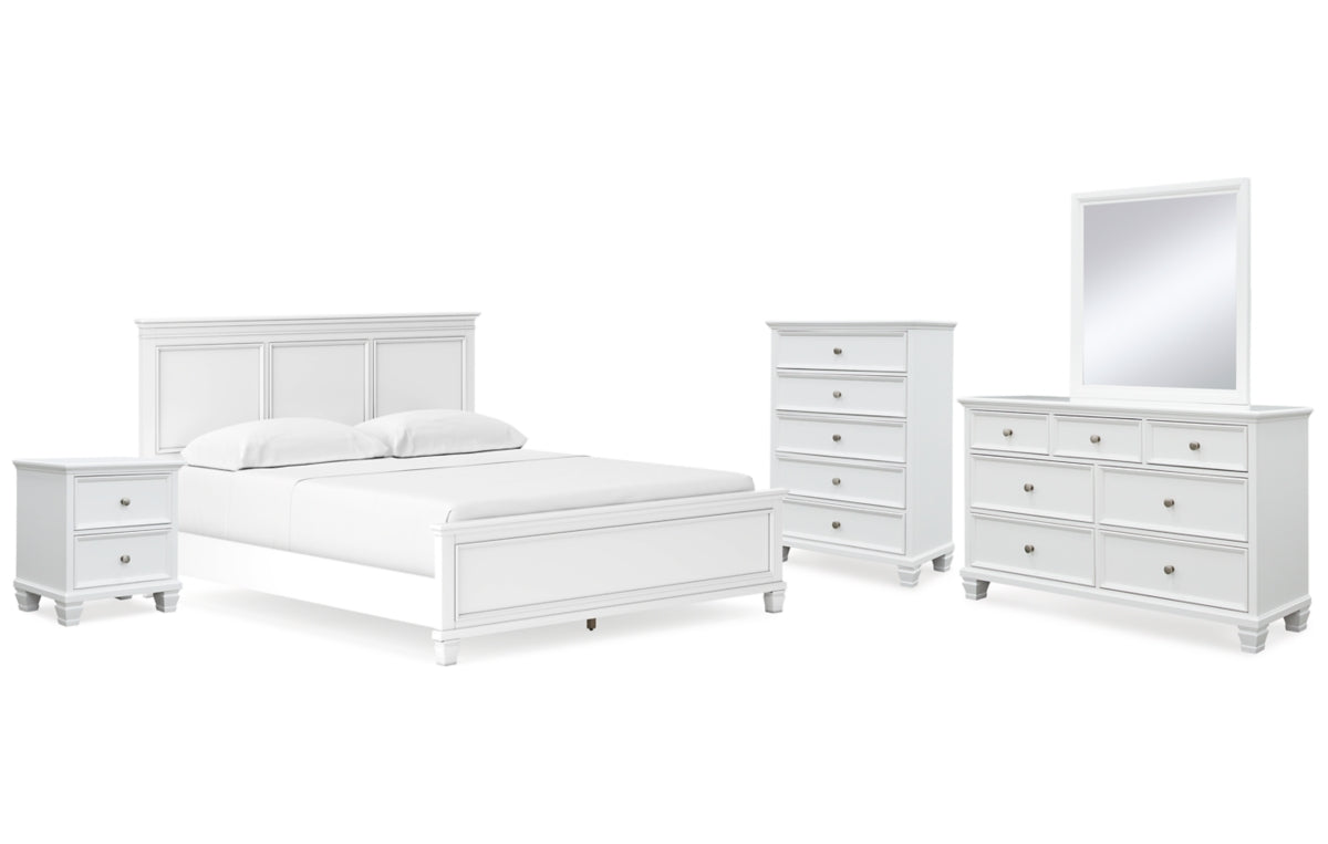 Fortman California King Panel Bed with Mirrored Dresser, Chest and Nightstand