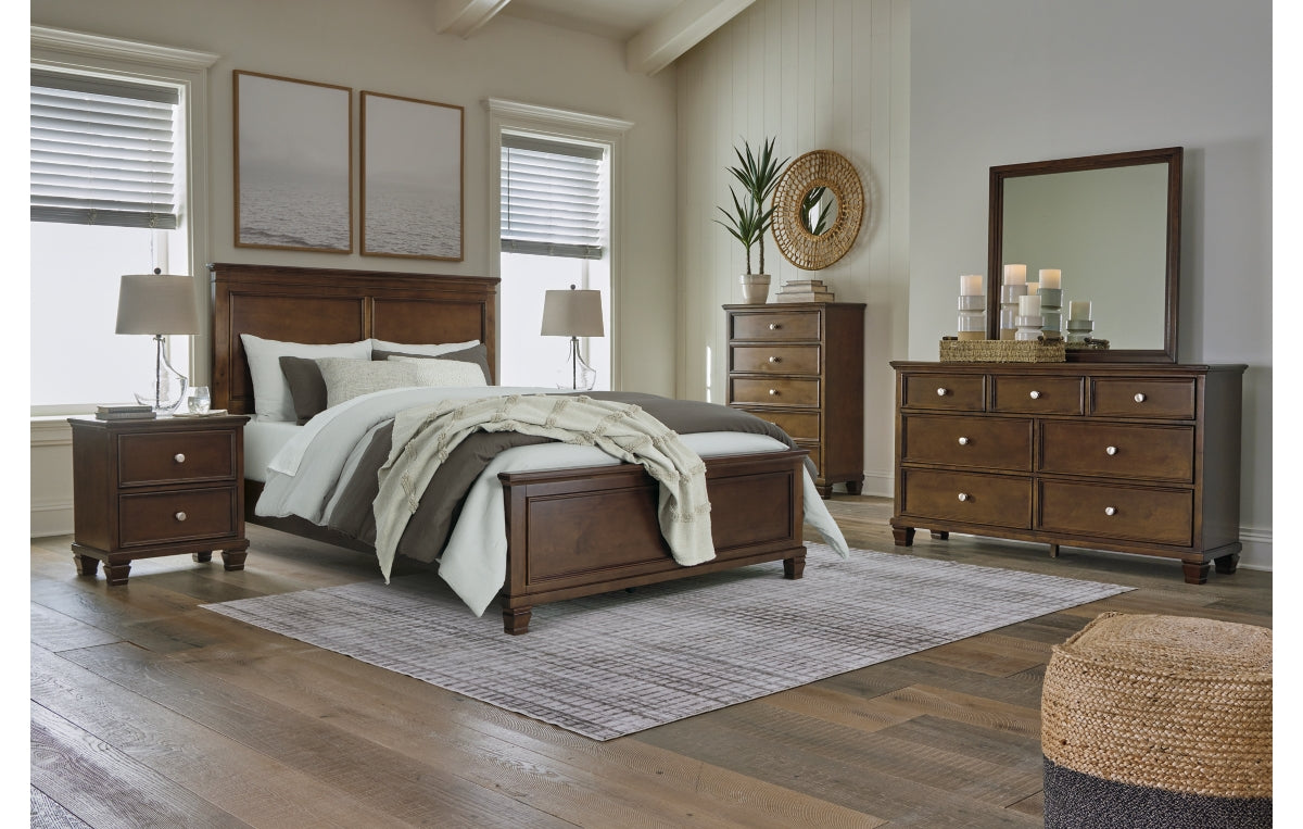 Danabrin Queen Panel Bed with Mirrored Dresser and Chest