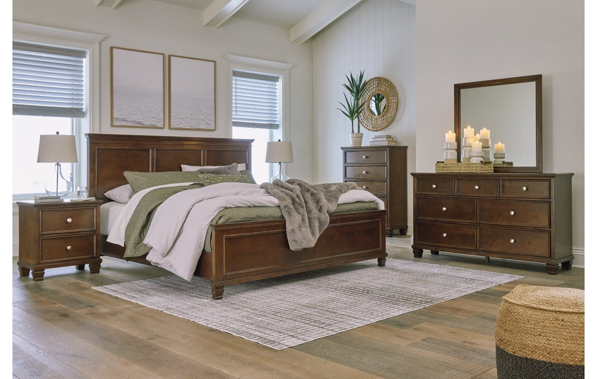 Danabrin California King Panel Bed with Mirrored Dresser, Chest and Nightstand