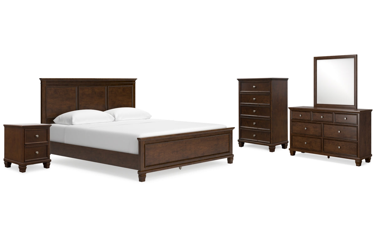 Danabrin California King Panel Bed with Mirrored Dresser, Chest and Nightstand