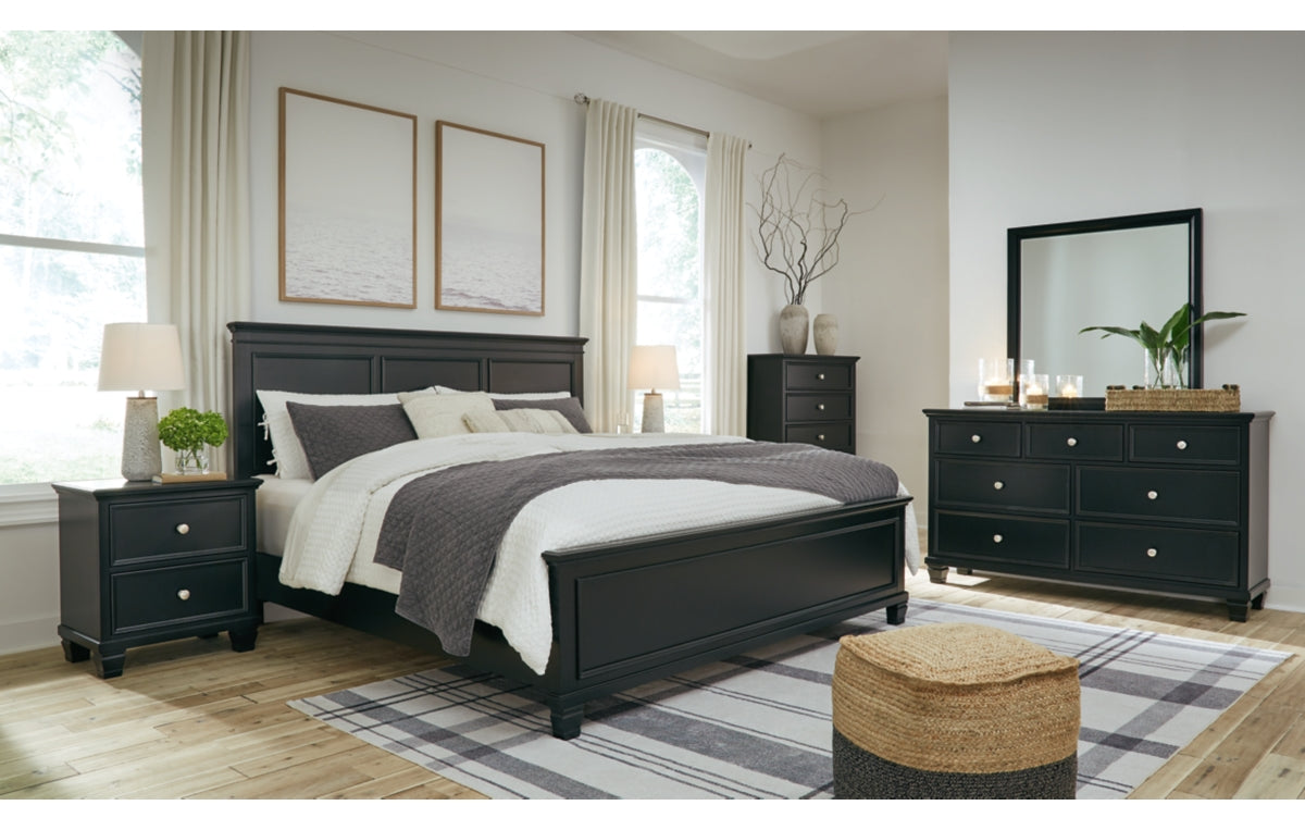 Lanolee King Panel Bed with Mirrored Dresser, Chest and Nightstand