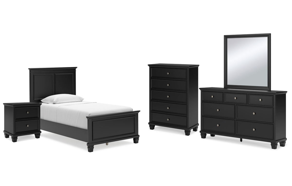 Lanolee Twin Panel Bed with Mirrored Dresser, Chest and Nightstand