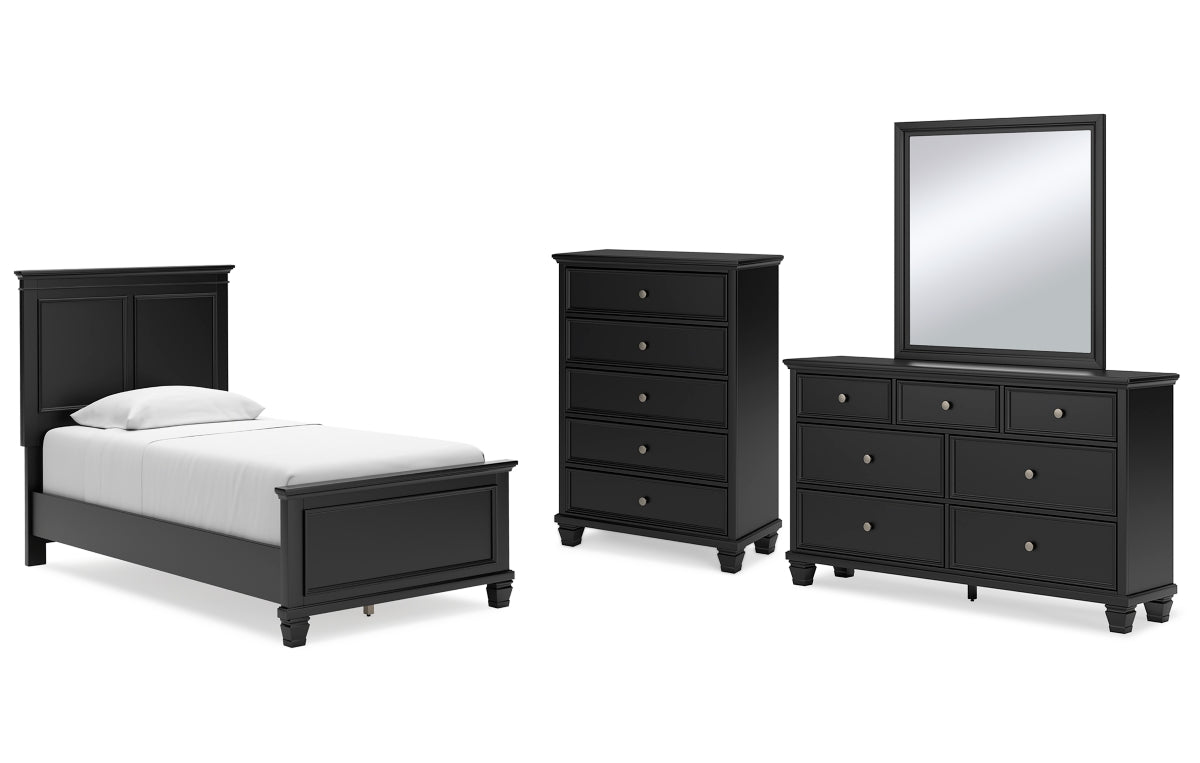 Lanolee Twin Panel Bed with Mirrored Dresser and Chest