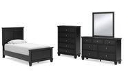 Lanolee Twin Panel Bed with Mirrored Dresser and Chest