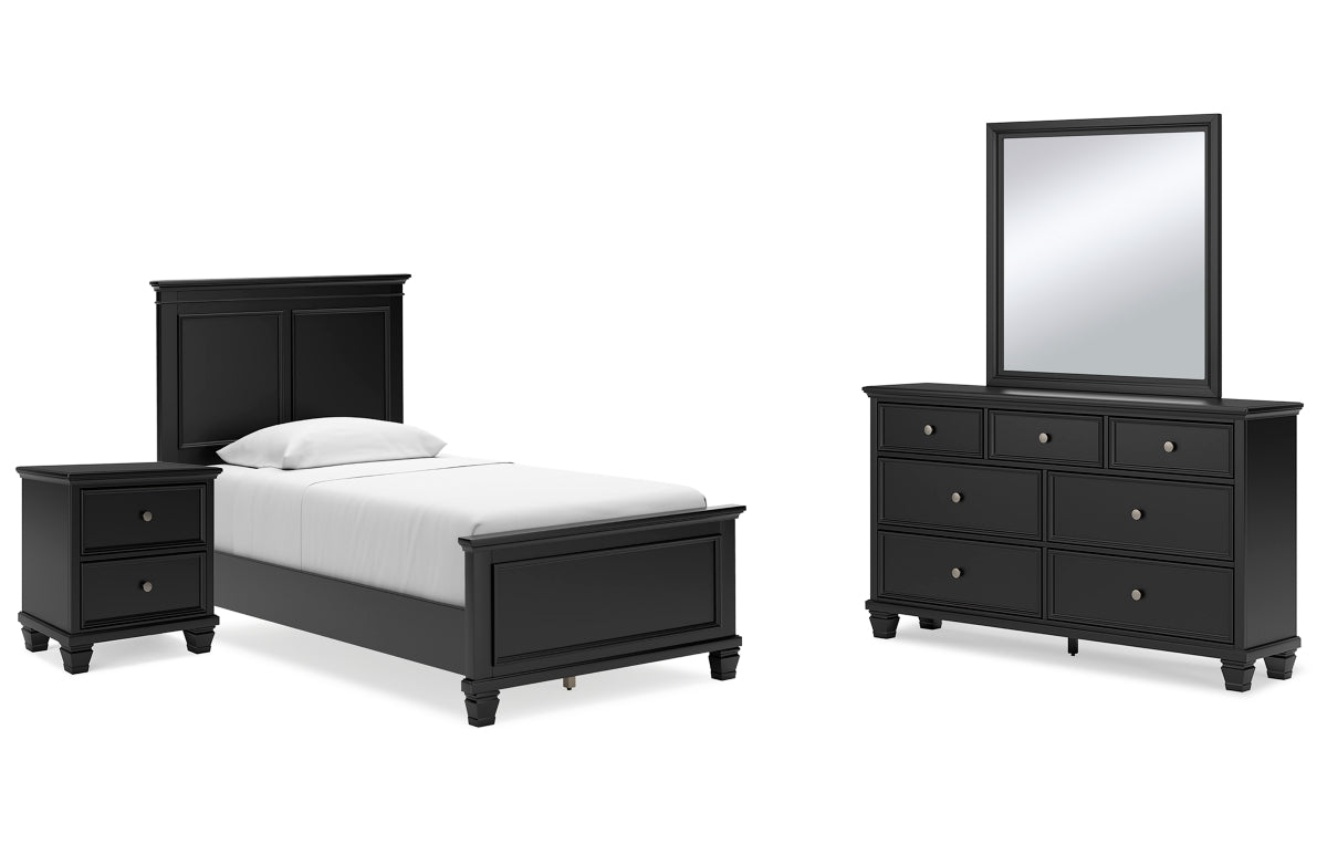 Lanolee Twin Panel Bed with Mirrored Dresser and Nightstand