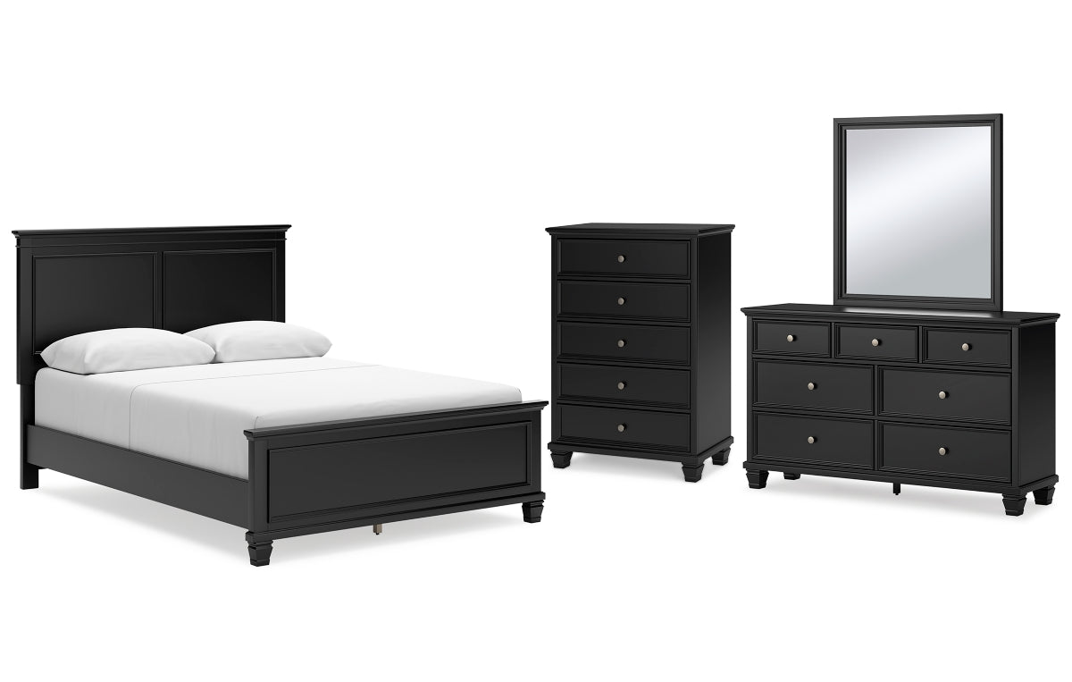 Lanolee Queen Panel Bed with Mirrored Dresser and Chest