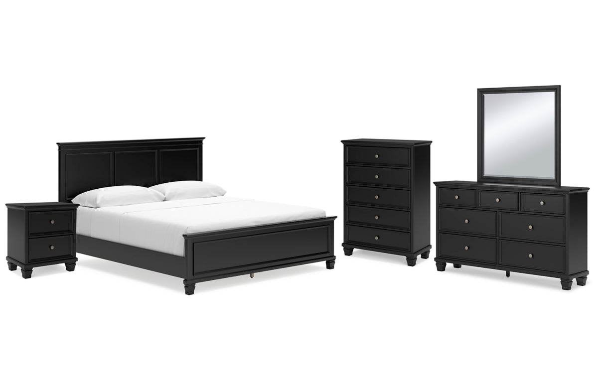 Lanolee California King Panel Bed with Mirrored Dresser, Chest and Nightstand