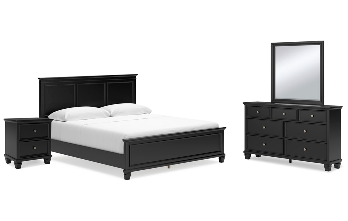 Lanolee California King Panel Bed with Mirrored Dresser and Nightstand