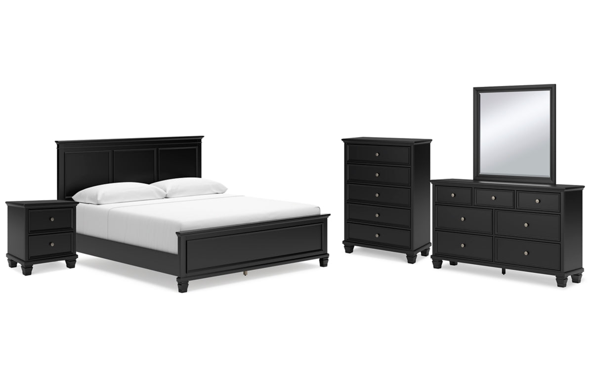 Lanolee King Panel Bed with Mirrored Dresser, Chest and Nightstand