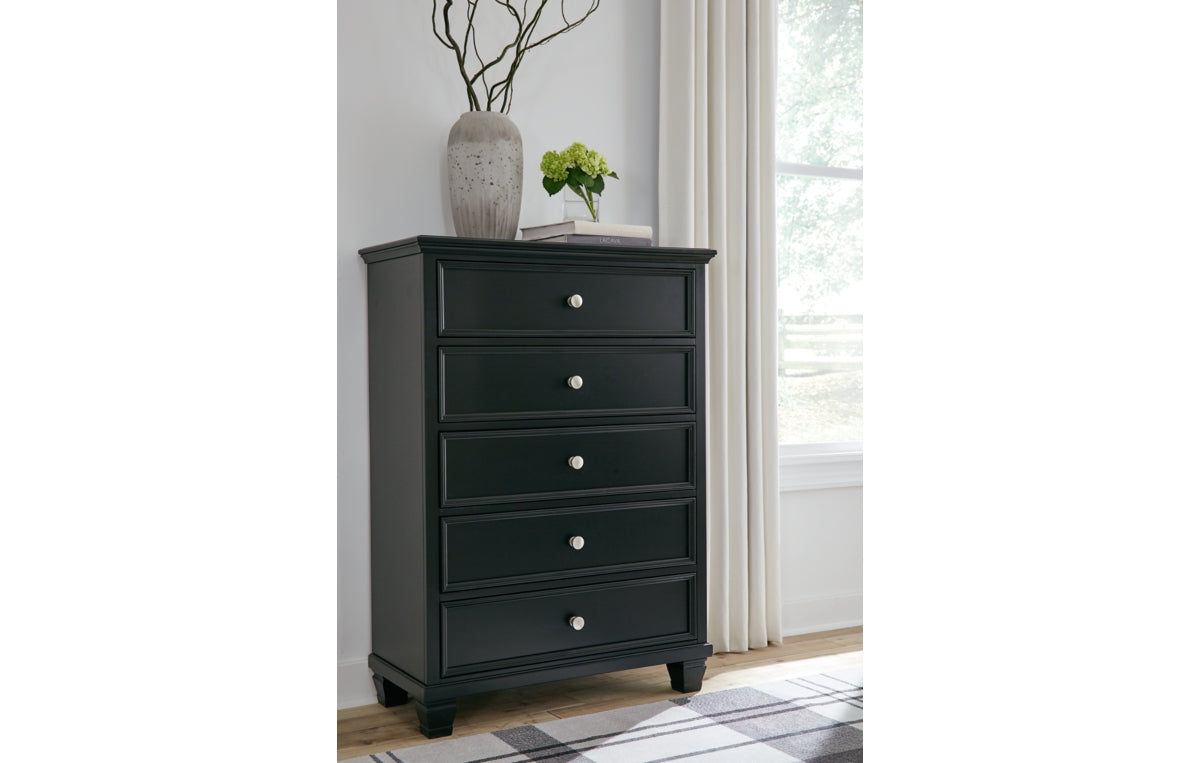 Lanolee California King Panel Bed with Mirrored Dresser and Chest